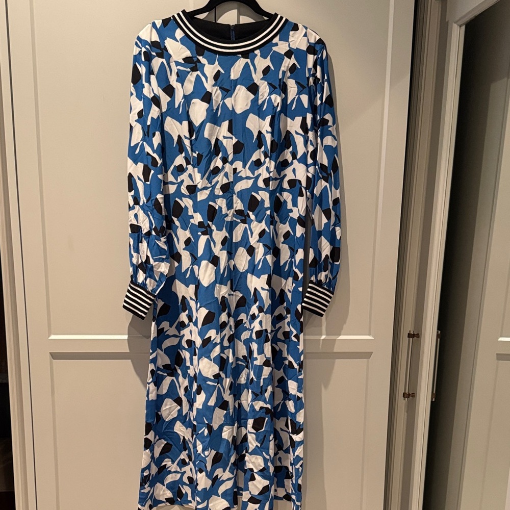 Whistles Blue, White and Black Printed Long Sleeve Midi Dress
